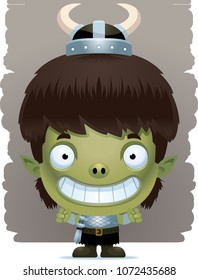 A cartoon illustration of a boy goblin smiling.