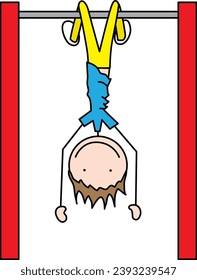 Cartoon illustration of a boy hanging upside down on a trapeze bar