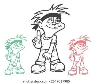 A cartoon illustration of a boy with a headband pointing upwards, with green and red outlined versions.
