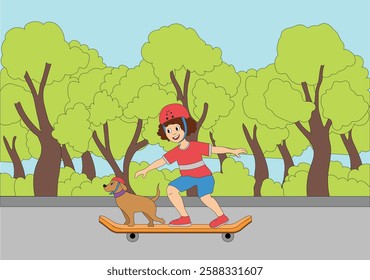 Cartoon illustration of a boy in a helmet riding a skateboard, with a dog running alongside him.