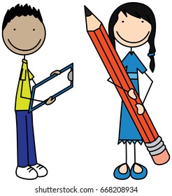 Cartoon illustration of a boy holding clipboard and a girl holding big pencil