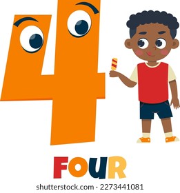 A cartoon illustration of a boy holding a ice cream in his hand and the number four is next to him.