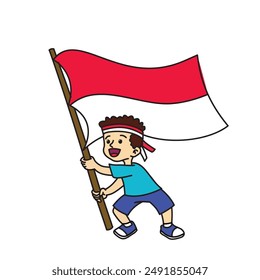 cartoon illustration of a boy holding an Indonesian flag. Independence Day
