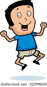 A cartoon illustration of a boy jumping and smiling.