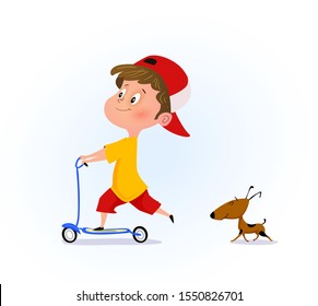 Cartoon illustration of a boy with kick scooter and dog following him. Vector