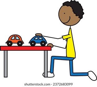 Cartoon illustration of a boy kneeling on one knee playing with cars