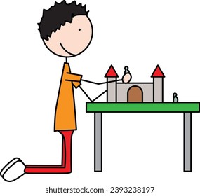 Cartoon illustration of a boy kneeling and playing with a castle on a table