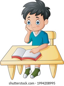 Cartoon illustration of boy learning on the desk