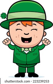 A cartoon illustration of a boy leprechaun looking excited.