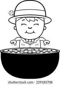 A cartoon illustration of a boy leprechaun with a pot of gold.