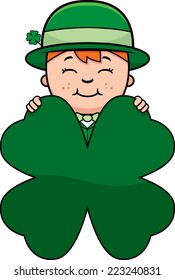 A cartoon illustration of a boy leprechaun with a shamrock.