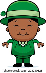 A cartoon illustration of a boy leprechaun standing and smiling.