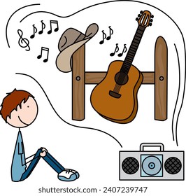 Cartoon illustration of a boy listening to a CD with country music