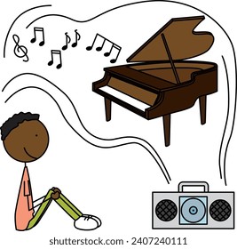 Cartoon illustration of a boy listening to a CD with piano music