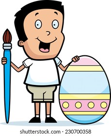 A cartoon illustration of a boy painting an Easter egg.