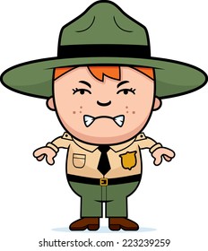 A cartoon illustration of a boy park ranger looking angry.