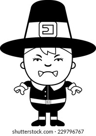 A cartoon illustration of a boy pilgrim looking angry.
