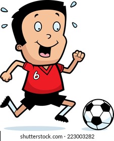 A cartoon illustration of a boy playing soccer.