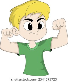 A cartoon illustration of a boy proudly flexing his biceps, displaying confidence and strength
