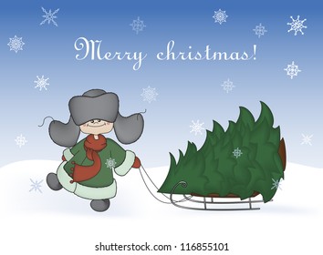 Cartoon illustration, boy pulling a sledge with a fir-tree. Winter, christmas, new year card.