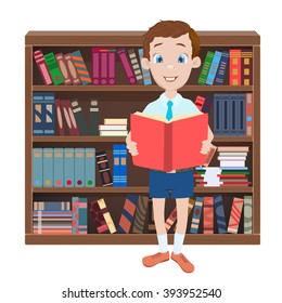Cartoon illustration with boy reading a book and library