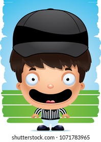 A cartoon illustration of a boy referee smiling.