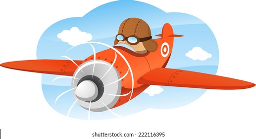 cartoon illustration of a boy riding an airplane.