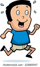 A cartoon illustration of a boy running and smiling.