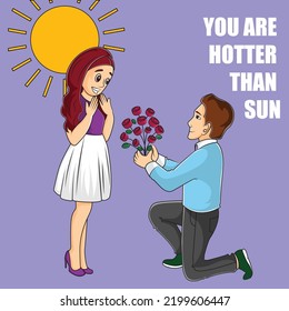 Cartoon illustration of boy saying to girl you are hotter than sun.