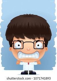A cartoon illustration of a boy scientist with an angry expression.