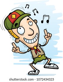 A cartoon illustration of a boy scout dancing.