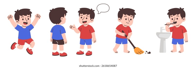 Cartoon illustration of a boy showcasing various daily activities, including brushing teeth, talking, jumping and sweeping.