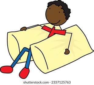 Ilustración de dibujos animados de un niño sentado entre dos grandes almohadas