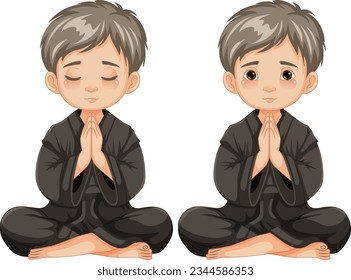 A cartoon illustration of a boy sitting and meditating with eyes open and closed