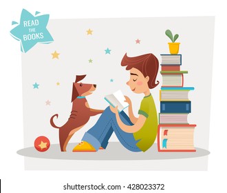 Dibujo de caricatura de un niño, sentado cerca del montón de libros y lectura, y su perro le escucha. 