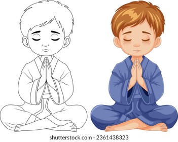 Dibujo de un niño sentado y rezando con los ojos cerrados, meditando