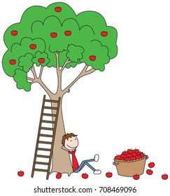 Cartoon illustration of a boy sitting under apple tree with basket full of apples beside him
