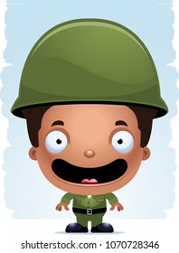 A cartoon illustration of a boy soldier smiling.