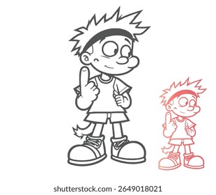 A cartoon illustration of a boy with spiky hair, wearing shorts and shoes, giving a number one hand gesture.