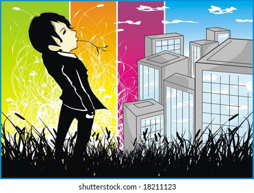 Cartoon illustration. A boy  standing on a hill and looking down . Underneath is a big city with a colorful background. Quiet easy to editing