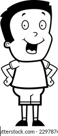 A cartoon illustration of a boy standing and smiling.