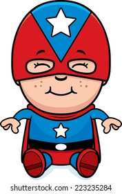 A cartoon illustration of a boy superhero sitting and smiling.