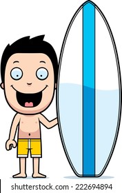 A cartoon illustration of a boy with a surfboard.