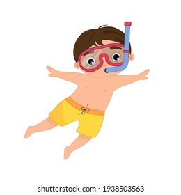 Cartoon illustration of a boy swimming in a mask and with a snorkel. Summer collection.
