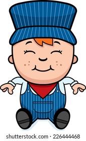 A cartoon illustration of a boy train conductor sitting and smiling.