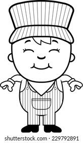 A cartoon illustration of a boy train conductor standing and smiling.