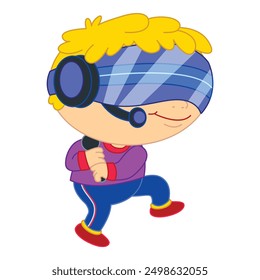 Cartoon-Illustration eines Jungen, der ein Virtual-Reality-Headset verwendet und ein Mikrofon hält, in einer virtuellen Welt singt