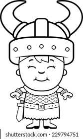 A cartoon illustration of a boy viking standing and smiling.