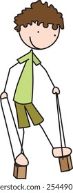 Cartoon illustration of a boy walking on wooden block stilts