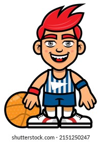 Cartoon Illustration Of A Boy Wearing Basketball Jersey And Playing A Ball, Best For Mascot, Logo, And Sticker With Basketball Competition Themes